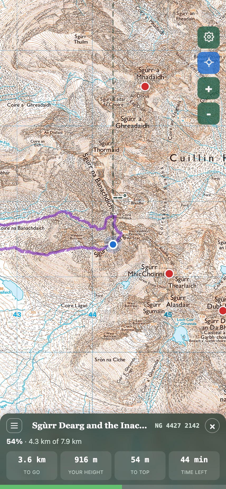 Navigation mode on OS Explorer mapping — the Inaccessible Pinnacle route on Sgùrr Dearg with live grid reference, height and time to the summit