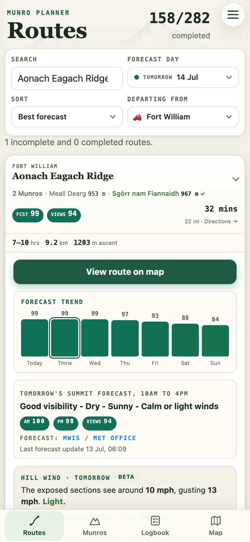 Munro Planner route detail showing forecast scores, drive time from Fort William and the seven-day trend