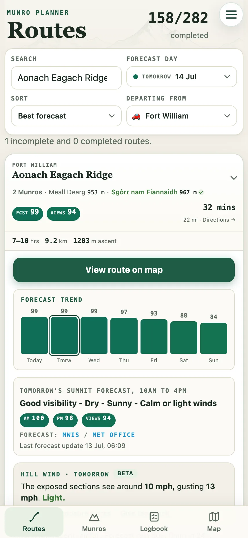 A Munro route with a seven-day forecast chart, summit-view score and a 32-minute drive from Fort William