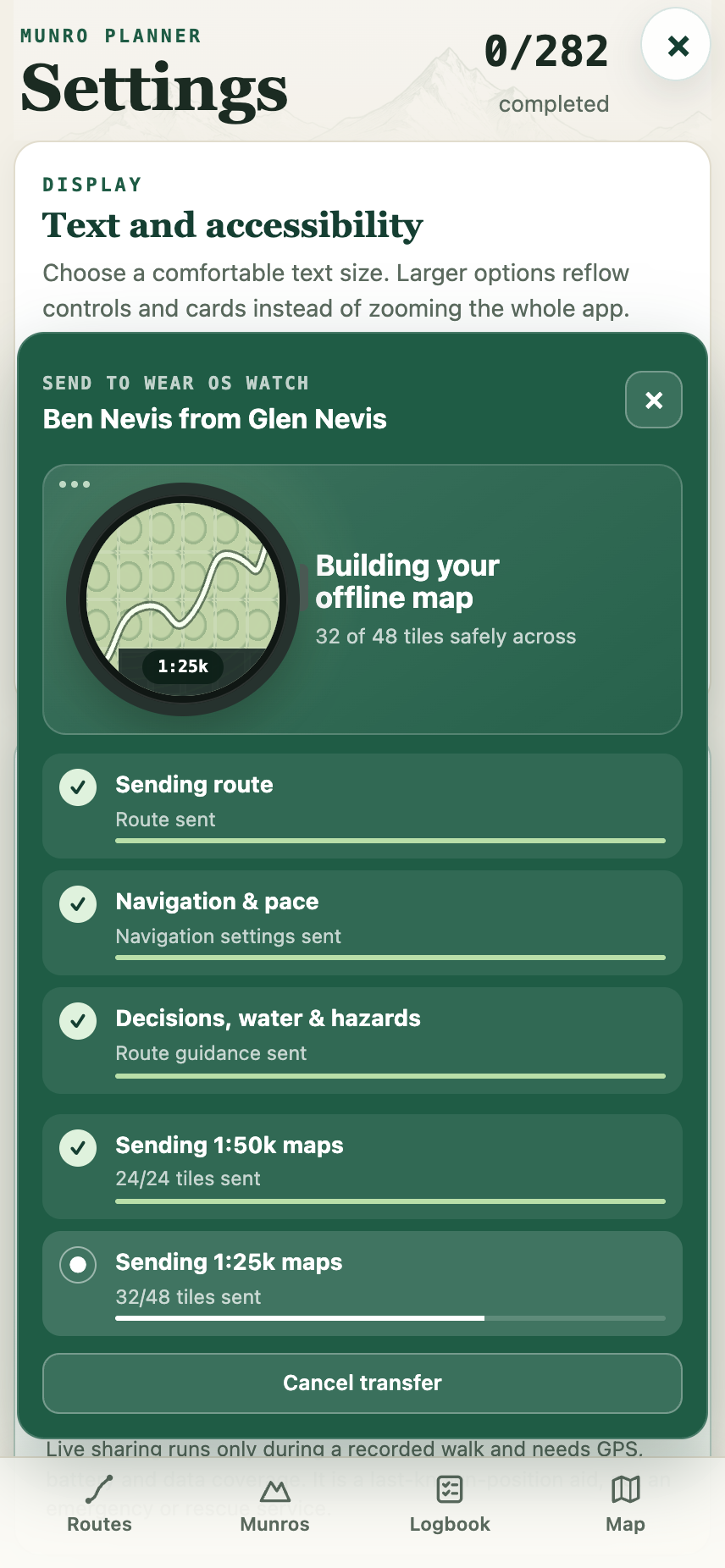 The real app transfer screen with example progress sending a Ben Nevis route and OS 1:50k and 1:25k maps to a Wear OS watch