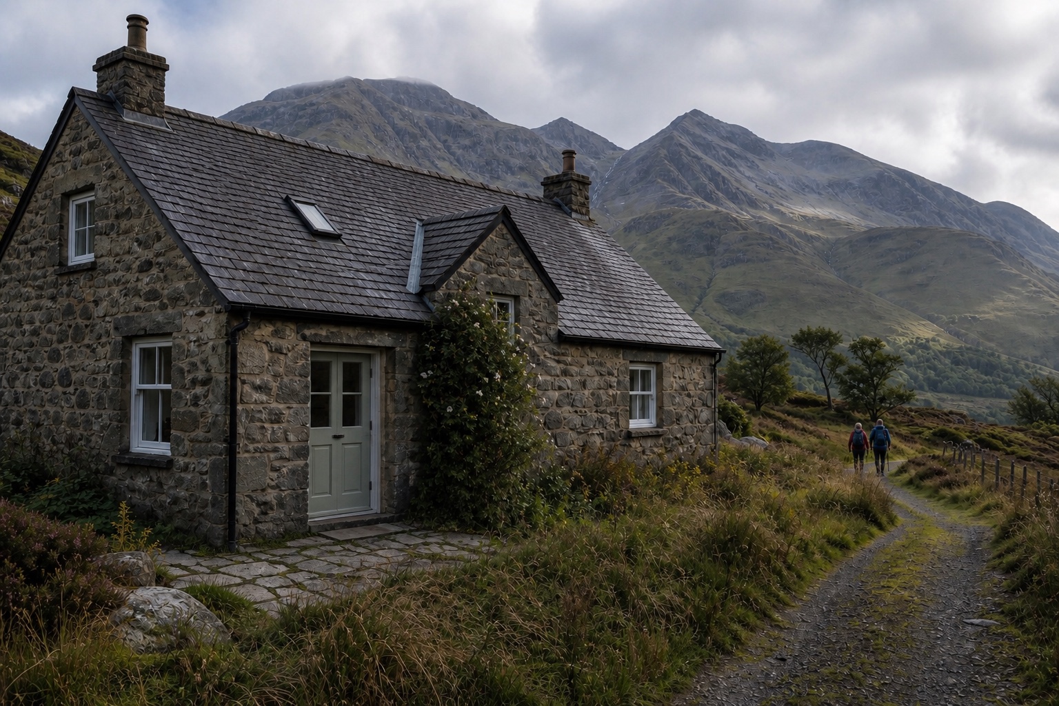 A traditional stone holiday cottage beneath Scottish mountains, with two hillwalkers returning along the path