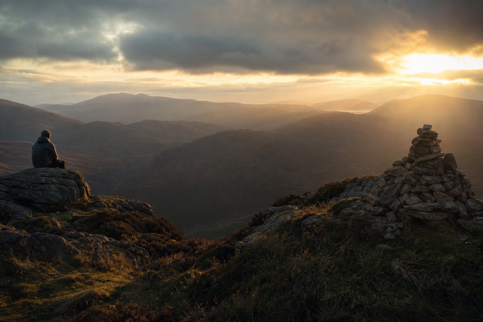 A hillwalker and summit cairn looking across layered Highland ridges at the end of the day