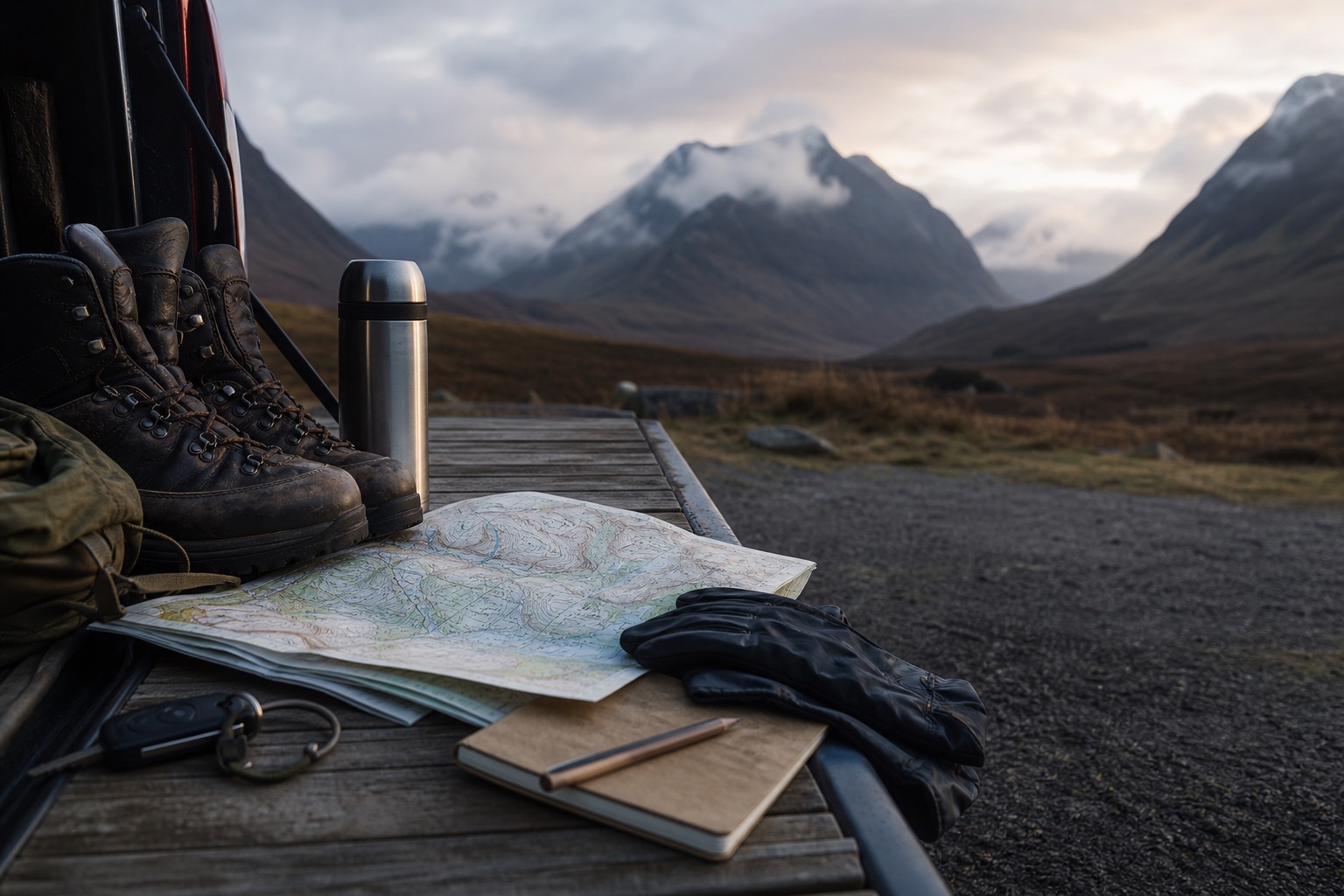Boots, map and flask prepared for an early Highland hillwalking departure